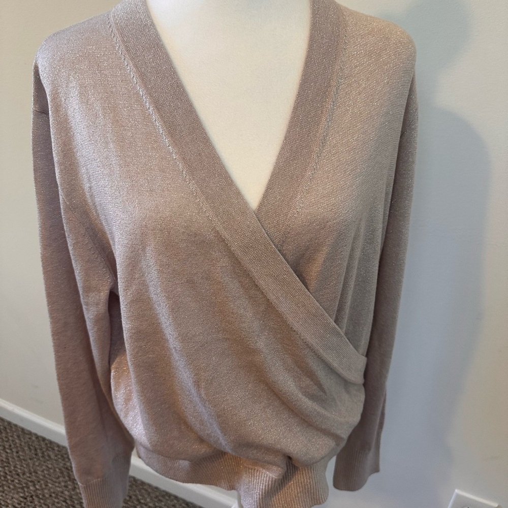 J.Crew  shimmery Lurex Champagne Pink Shimmer Crossover Sweater Size XL - Picture 2 of 7